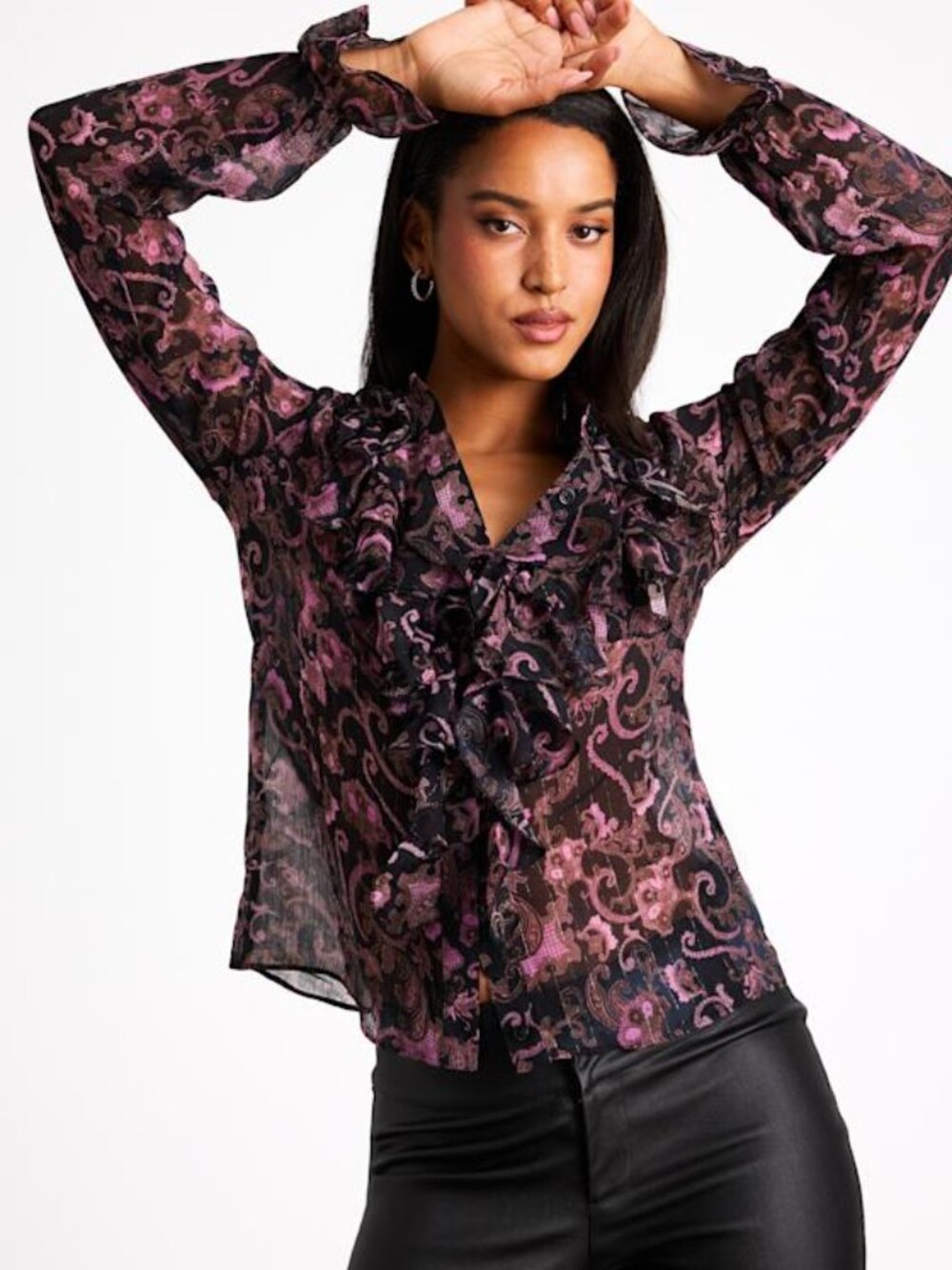 Lulus Embry Black Paisley Print Lurex Ruffled Button-front Top - Size L